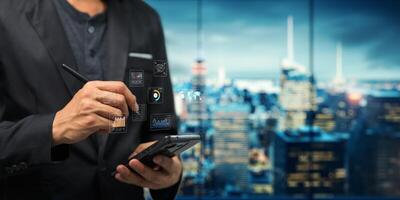 Holograms, Dashboards, Graphs, working of various technology devices. photo
