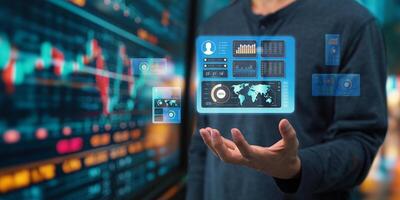 Holograms, Dashboards, Graphs, working of various technology devices. photo
