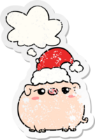 dibujos animados cerdo vistiendo Navidad sombrero con pensamiento burbuja como un afligido desgastado pegatina png