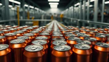 AI generated iron cans with drinks on a conveyor belt photo