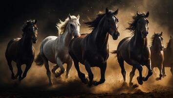 AI generated Magnificent herd of dark horses in the background photo