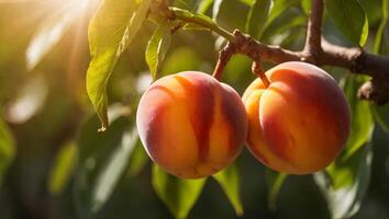 AI generated ripe peaches on a branch in the garden photo