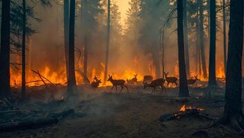 AI generated Deer forest fire, trees in smoke, flames photo