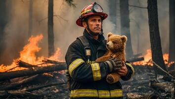 ai generado hombre bombero sostiene un rescatado pequeño osito de peluche oso en su brazos fauna silvestre foto