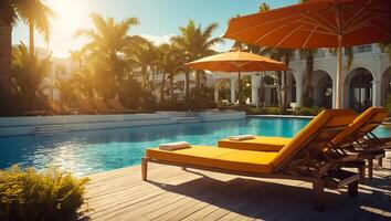 ai generado Dom haragán con paraguas por el piscina, hotel foto