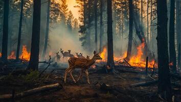 AI generated Deer forest fire, trees in smoke, flames photo