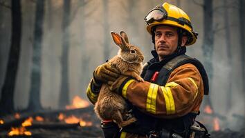 ai generado hombre bombero sostiene un rescatado liebre en su brazos fauna silvestre foto