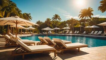 AI generated sun lounger with umbrella by the pool, hotel photo