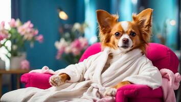 AI generated Beautiful dog in a bathrobe in a spa salon resting photo