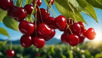 AI generated ripe cherries on a branch photo