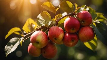 ai generado maduro rojo manzanas en un rama en el jardín foto