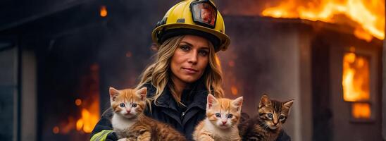 AI generated Portrait of a female firefighter holding a rescued kitten in her arms photo