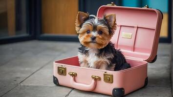 AI generated Cute dog with a suitcase in the apartment photo