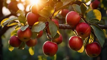 AI generated ripe red apples on a branch in the garden photo