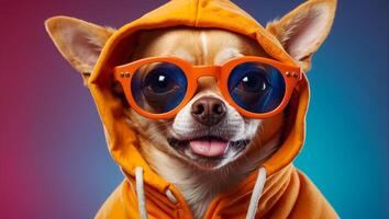 AI generated fashionable dog with sunglasses and hoodie photo