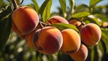 AI generated ripe peaches on a branch in the garden photo