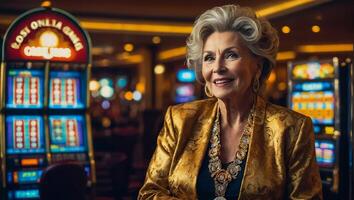 AI generated Beautiful elderly woman playing casino slot machine photo