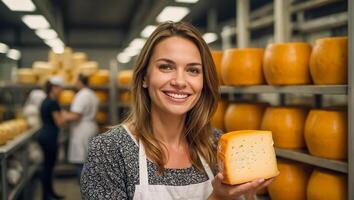 ai generado sonriente mujer queso fabricante foto