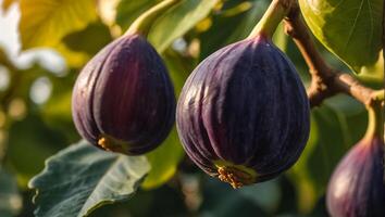 AI generated Fresh ripe figs on a branch close-up photo