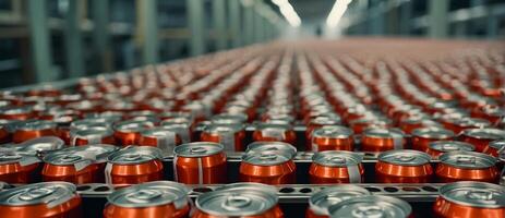 AI generated iron cans with drinks on a conveyor belt photo
