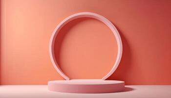 ai generado 3d hacer de un rosado oval en un blanco pedestal foto