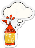dibujos animados salsa de tomate botella con pensamiento burbuja como un afligido desgastado pegatina png
