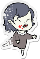 distressed sticker of a cartoon vampire girl with blood on cheek png