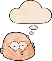 cartoon curious bald man with thought bubble in grunge texture style png