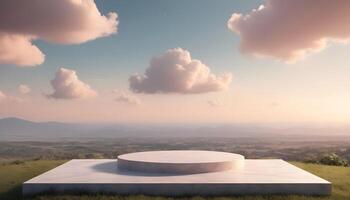 AI generated a white concrete platform on top of a hill with clouds in the sky photo