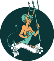 image emblématique de style tatouage d'une diablesse pin-up avec bannière png