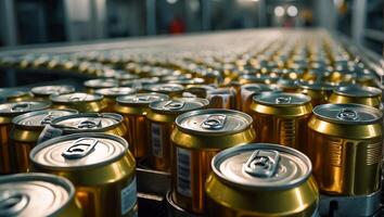 AI generated iron cans with drinks on a conveyor belt photo