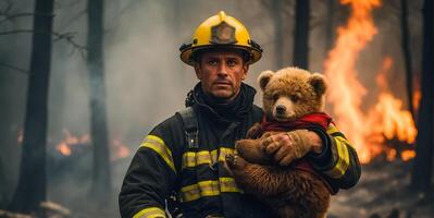 ai generado hombre bombero sostiene un rescatado pequeño osito de peluche oso en su brazos fauna silvestre foto