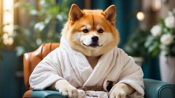 AI generated Beautiful dog in a bathrobe in a spa salon resting photo