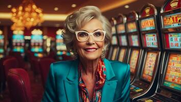 ai generado hermosa mayor mujer jugando casino espacio máquina foto