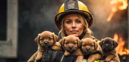 AI generated Portrait of a female firefighter holding a rescued puppy in her arms photo