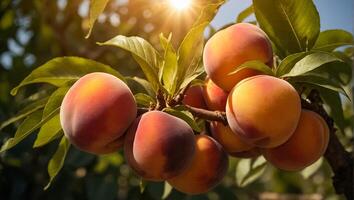 AI generated ripe peaches on a branch in the garden photo