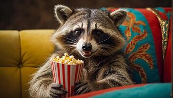 AI generated cute raccoon with popcorn at home photo