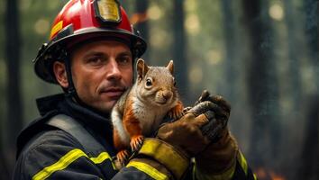 AI generated male firefighter holds a rescued squirrel in his arms photo