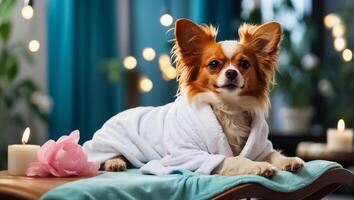 ai generado hermosa perro en un bata de baño en un spa salón descansando foto