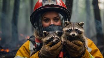 AI generated woman firefighter holds a rescued raccoon in her arms photo