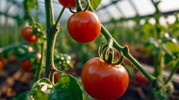 AI generated ripe tomato in a greenhouse photo