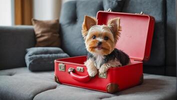 AI generated Cute dog with a suitcase in the apartment photo