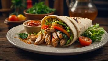 ai generado delicioso shawarma con pollo y vegetales en el cocina foto