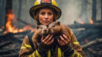 AI generated Female firefighter holding a beaver in her arms photo