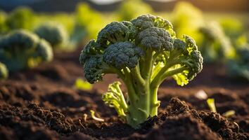 AI generated ripe broccoli in the garden outdoors photo