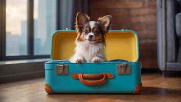 AI generated Cute dog with a suitcase in the apartment photo