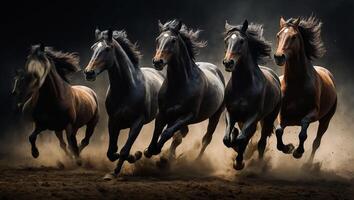 AI generated Magnificent herd of dark horses in the background photo