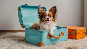 AI generated Cute dog with a suitcase in the apartment photo