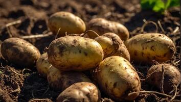 AI generated Potato harvest on the ground close up photo