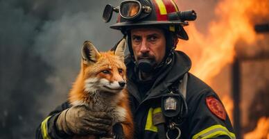 ai generado hombre bombero sostiene un rescatado zorro en su brazos fauna silvestre foto